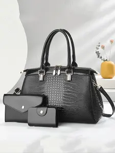 Women's Elegant Crocodile Embossed Handbag & Wristlet & Clutch Bag, Fashionable Large Capacity Crossbody Bag & Wristlet & Clutch Bag, Versatile Leisure Multi-layer Large Capacity Crossbody Bag, Handbag Wallet Set