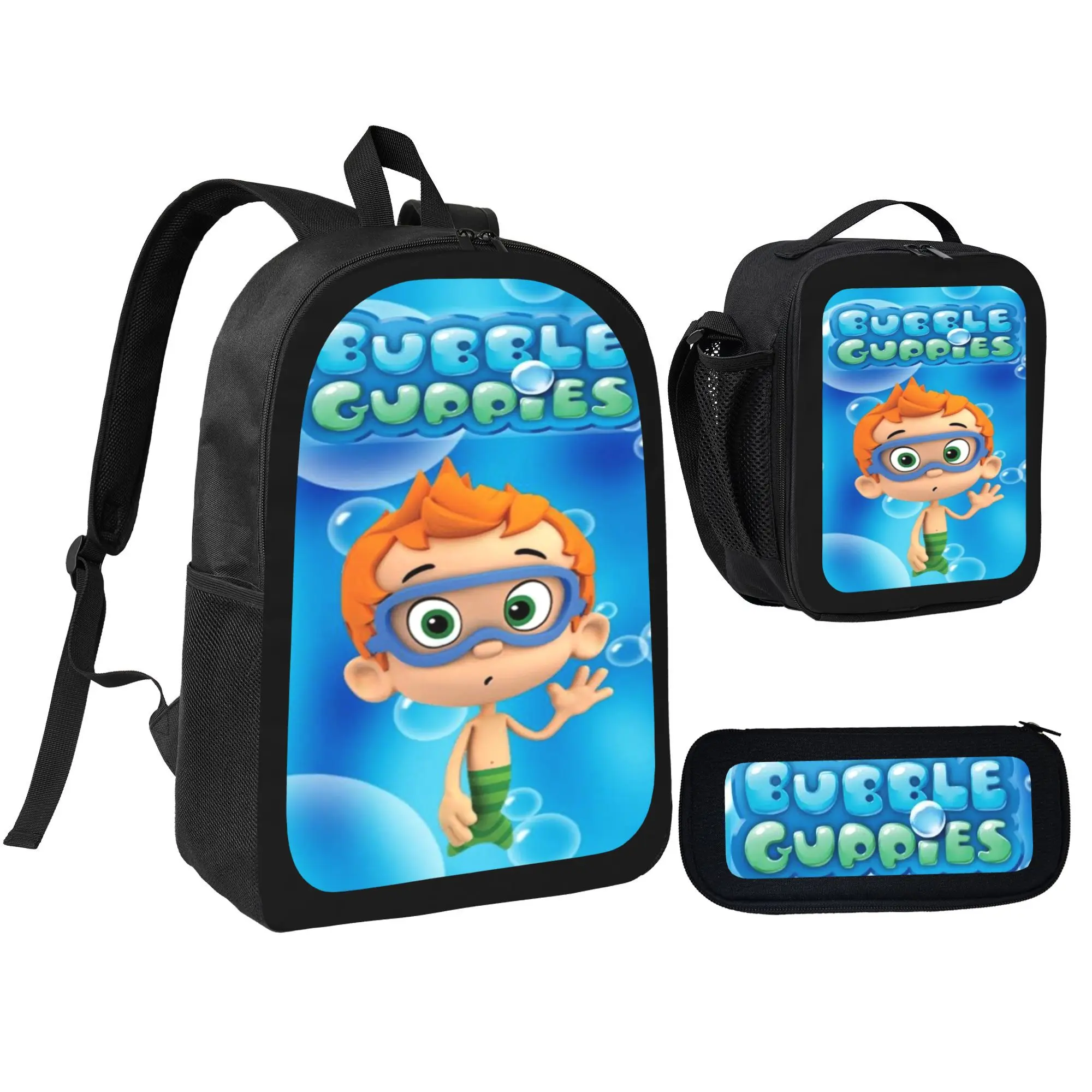 Bubble Guppies Cartoon Fan Gift Backpack Set, 3 in 1 Cute Cartoon Printed Bag Combo with Insulated Lunch Bag and Pencil Case, Adjustable Lightweight Daypack Birthday Holiday Gift