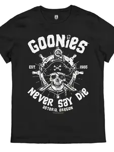 Men's Goonies Never Say Die Retro T-Shirt Officially Inspired 80s Movie Iconic Skull Crossbones Pirate Design