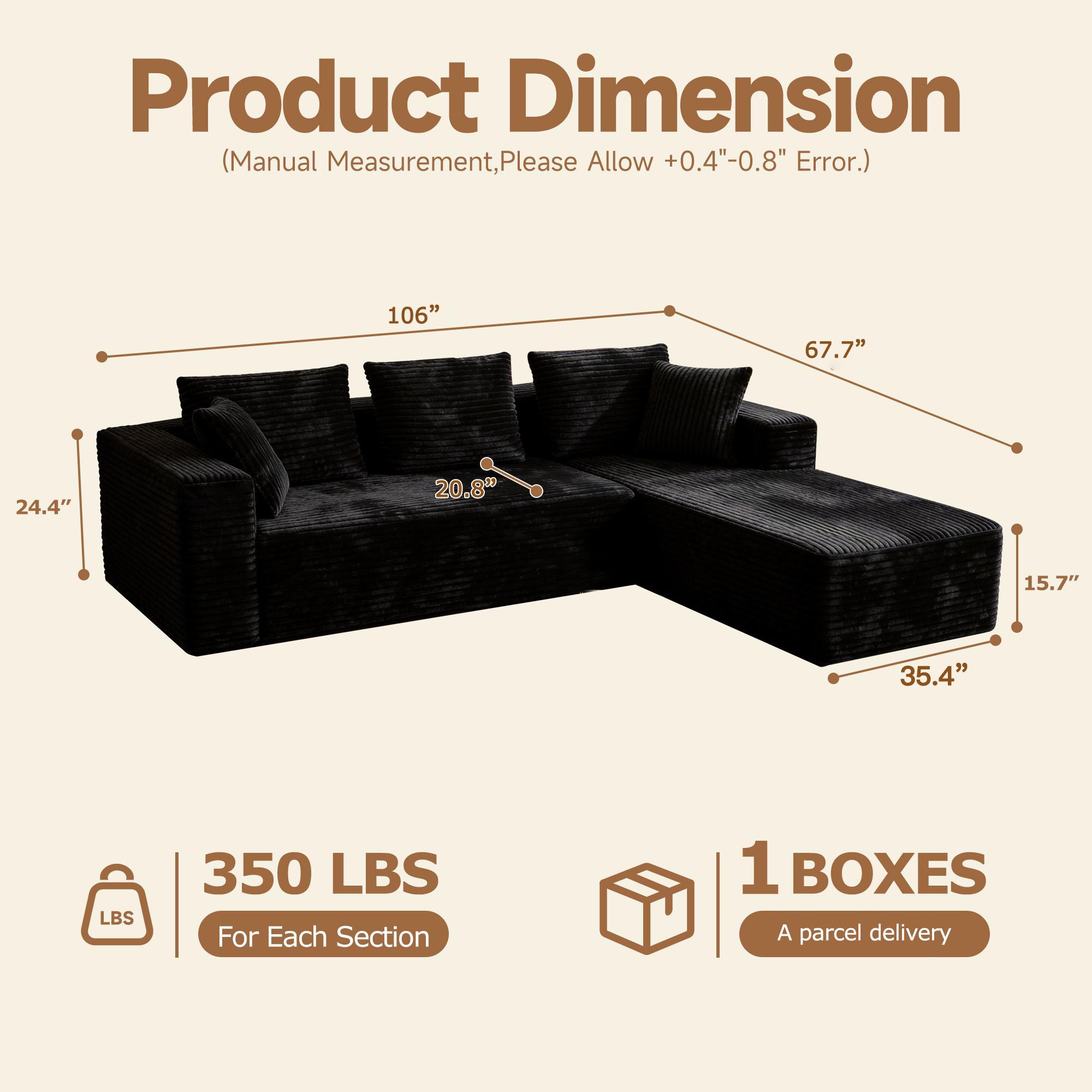 ModemHub 106" Sectional Cloud Sofa for Living Room,L-Shaped Modular Boneless Couch,Plush Corduroy,Modern Modular Sofa with Deep Seat,Comfy Couches Set Black,cloud couches