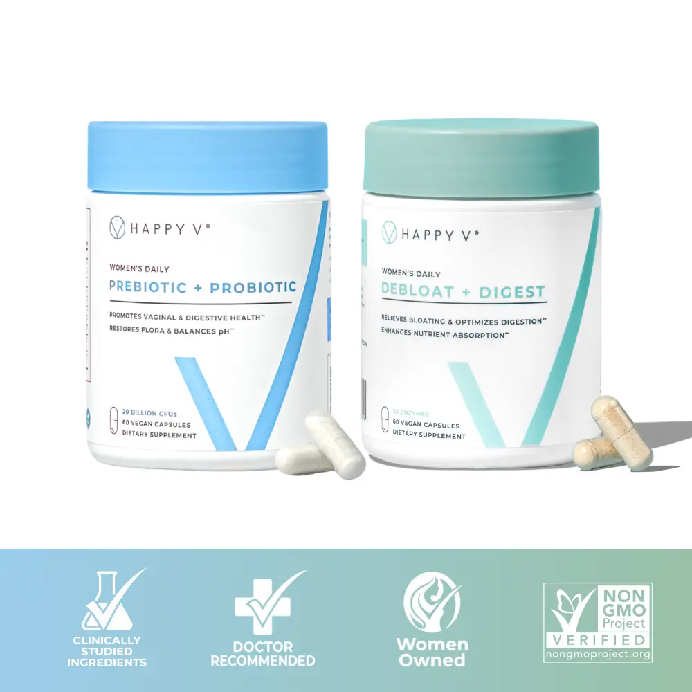 Happy V Bloat Buster Kit: Women's Prebiotic + Probiotic & Debloat + Digest, 23 Digestive Enzymes Microbiome Flora Support Happy V Bloat Buster Kit: Women's Prebiotic + Probiotic & Debloat + Digest, 23 Digestive Enzymes Microbiome Flora Support