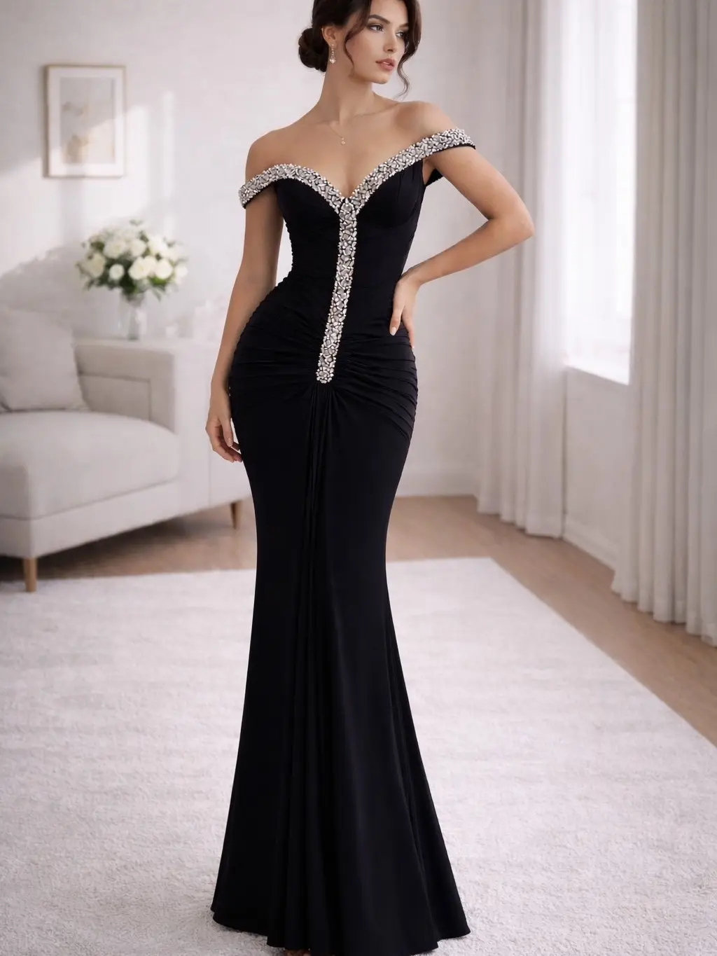 Luxury Diamond Sexy Black Long Dress Tight Pleated Formal Elegant Evening Dress