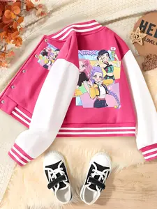 Girls Halloween Ghost Festival Short Baseball Jacket, Casual Sport School Uniform, Elastic Fabric, Fashion Trendy Clothing, Casual Cute Outerwear
