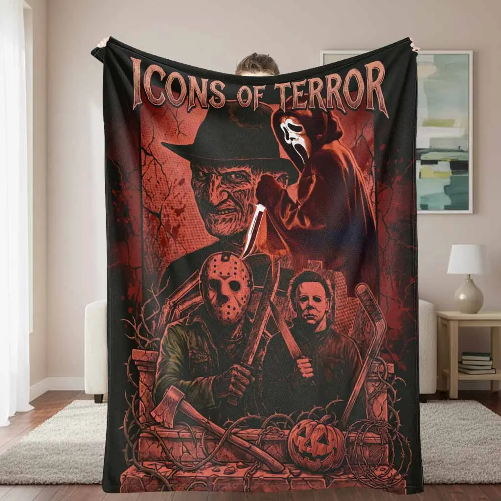 Classic Horror Movie Icons Flannel Blanket Vintage Slashers Print Ultra Soft Lightweight Cozy Breathable Durable Decorative Throw For Living Room Couch Bedroom Bedding Halloween Party Movie Night Gifts Fans Collection