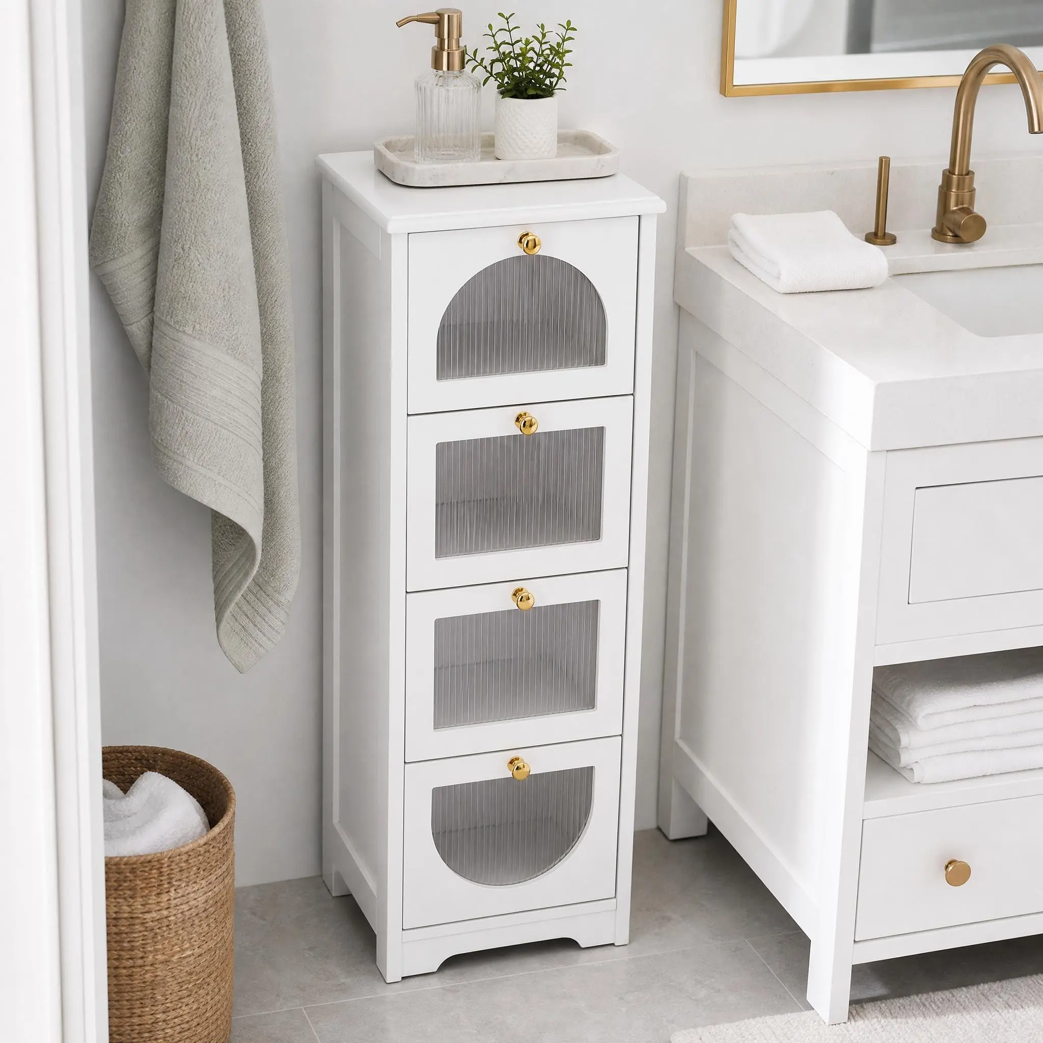 Bathroom Floor Storage Cabinet, Freestanding Storage Organizer with 4 Drawers for Narrow Spaces, Small White Side Cabinet for Living Room Hallway, 11.8" W x 11.8" D x 33.1" H