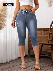 Women's Solid Adjustable Drawstring Waist Ripped Capris Jeans, Casual Faded High Waist Denim Fitted Skinny Cropped Pants for Daily Wear, Ladies Bottoms for All Seasons