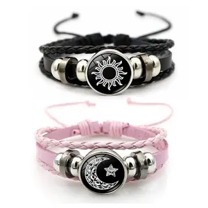 Luminous Sun and Moon Couple Bracelet - Glow in the Dark Matching Braided Leather for Couples  Adjustable Long Distance Love Gift Him & Her Black Glass