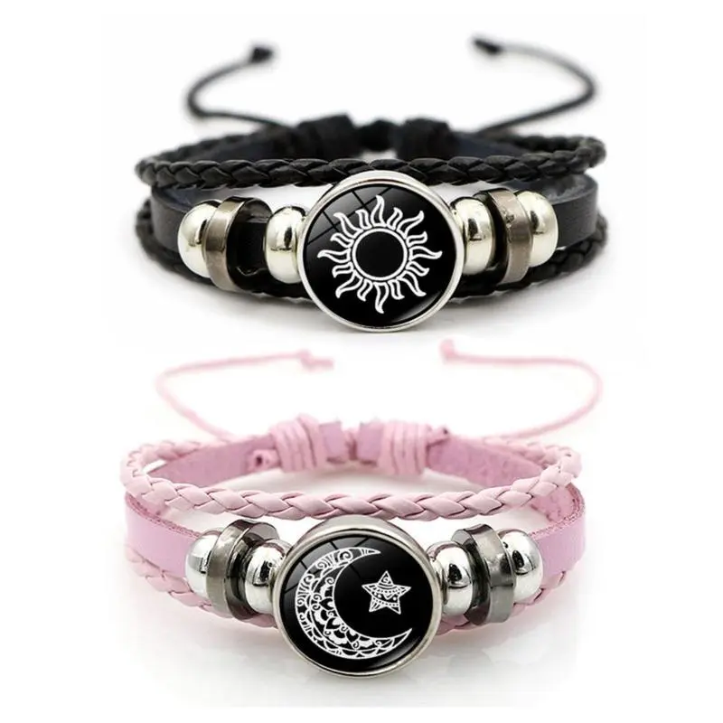 Sun-Moon Couple Bracelets Matching Set, Glow-in-the-Dark Braided Leather with Glass Charms, Adjustable 17cm + 5cm Gift for Him & Her, Light, Matching Sets, Alloy, Elegant, 11G, Adjustable Length, Anniversary Gift, Sun-Moon Symbols, Zinc Clasp, Casual