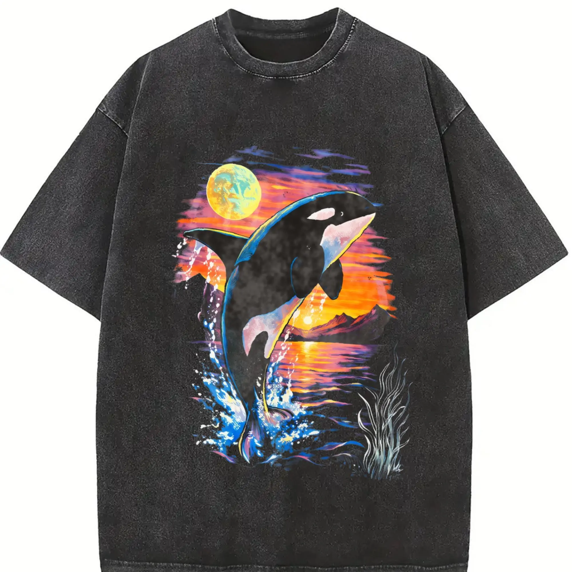 Orca Midnight Vintage Style Comfort Color Shirt, Retro Ocean Shirt, Orca Shirt, Moonlight Ocean Lightning Tee, 90s Marine Life Graphic Top