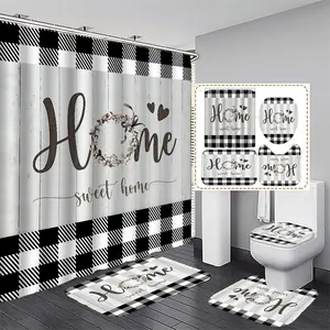 Plaid & Letter Pattern Bathroom Set, 4pcs Modern Non-slip Bathroom Decoration Set, Including Bath Curtain, Toilet Lid Mat & Bath Mat, Bathroom Supplies, Home Goods, Bathroom Decoration Accessories