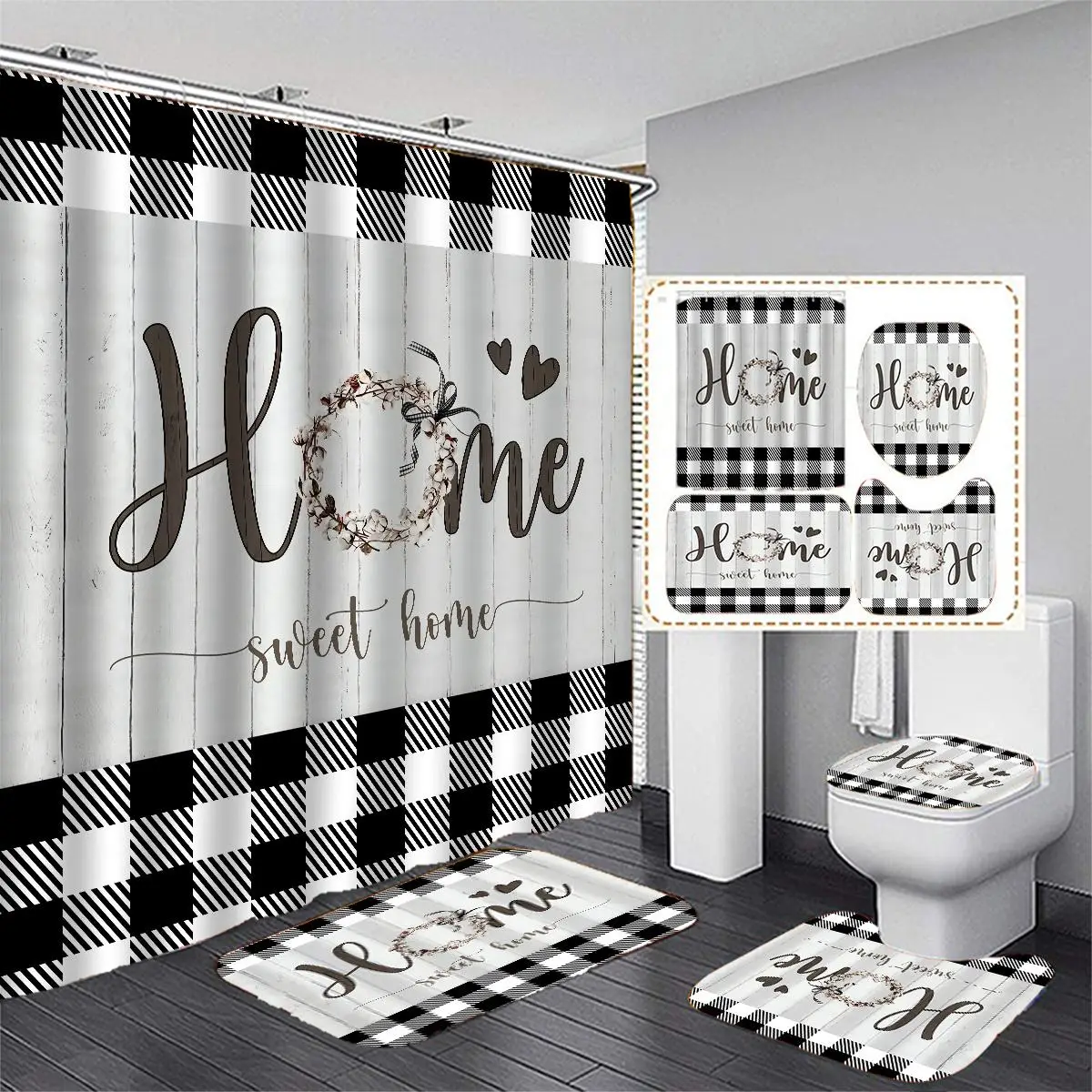 Plaid & Letter Pattern Bathroom Set, 4pcs Modern Non-slip Bathroom Decoration Set, Including Bath Curtain, Toilet Lid Mat & Bath Mat, Bathroom Supplie