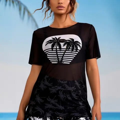 Women's Plus Size 2-Piece High Waisted Tankini Swimsuit Set - Bold 2023-25 Tropical Abstract Print, Body Contouring, Boxer-Style Cheeky Bottoms, Tankini Tops, Quick-Dry Fabric, 2XL-4XL, Swimsuit Beachwear