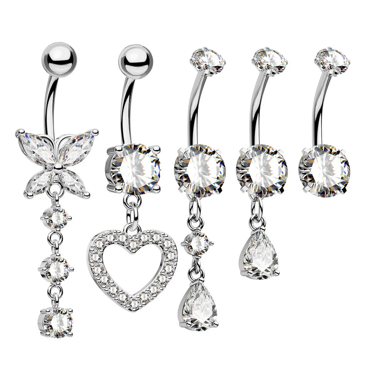 OUFER BODY JEWELRY Crystal Belly Rings Piercing Jewelry, 5-Piece 14G Affordable Statement Set with Butterfly, Heart & Teardrop Designs, Statement Jewelry