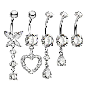 Oufer 14G 5PCS Bundle Belly Button Rings - Crystal Butterfly Heart & Teardrop Designs for Stylish Piercing Jewelry