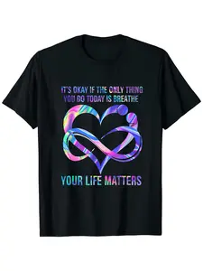 Women'S Suicide Prevention Awareness T-Shirt - "Your Life Matters" Graphic Tee with Heart Design, Moisture-Wicking Comfort Fit for Casual Outings, Sports & Beach, All-Season Black Shirt for Adults, Casual Wear| Round Neckline| Comfortable Fit