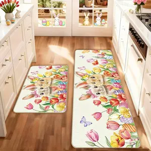 2 count Easter Kitchen Mat Set, Kitchen Runner Rug, Kitchen Floor Mat, Easter Bunny Flower Egg Non-Slip Soft Low Height, Spring Summer Home Decor, Holiday Cooking and Celebration
