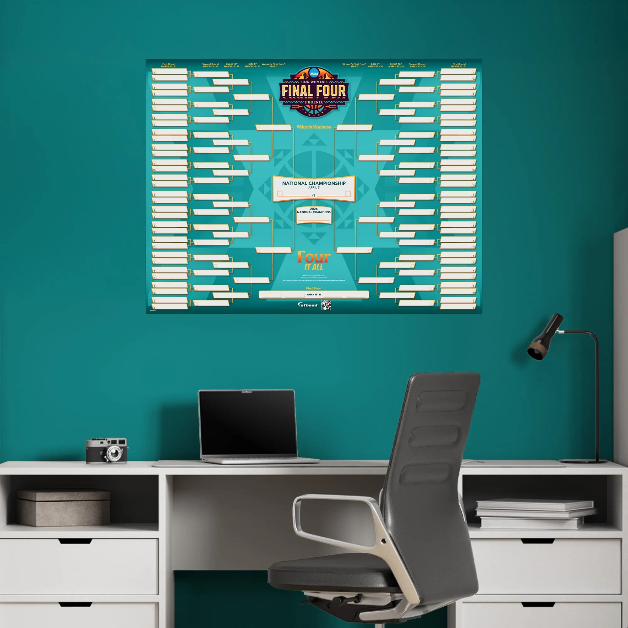 2026 Official NCAA March Madness Women's Basketball Tournament Smooth Dry-Erase Bracket, Reusable Vinyl Decorative Wall Stickers for Adults