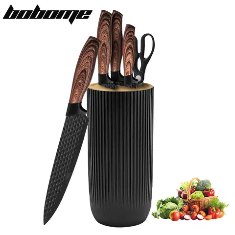 BOBOME 6-Piece Thick Stainless Steel Kitchen Knife Set with Wood Universal Block & Kitchen Scissors - Anti-Rust Non-Stick Blades, Ergonomic Handles, Durable, Lifetime Guarantee, Ideal for Cooking, Housewarming, Father's Day Gifts