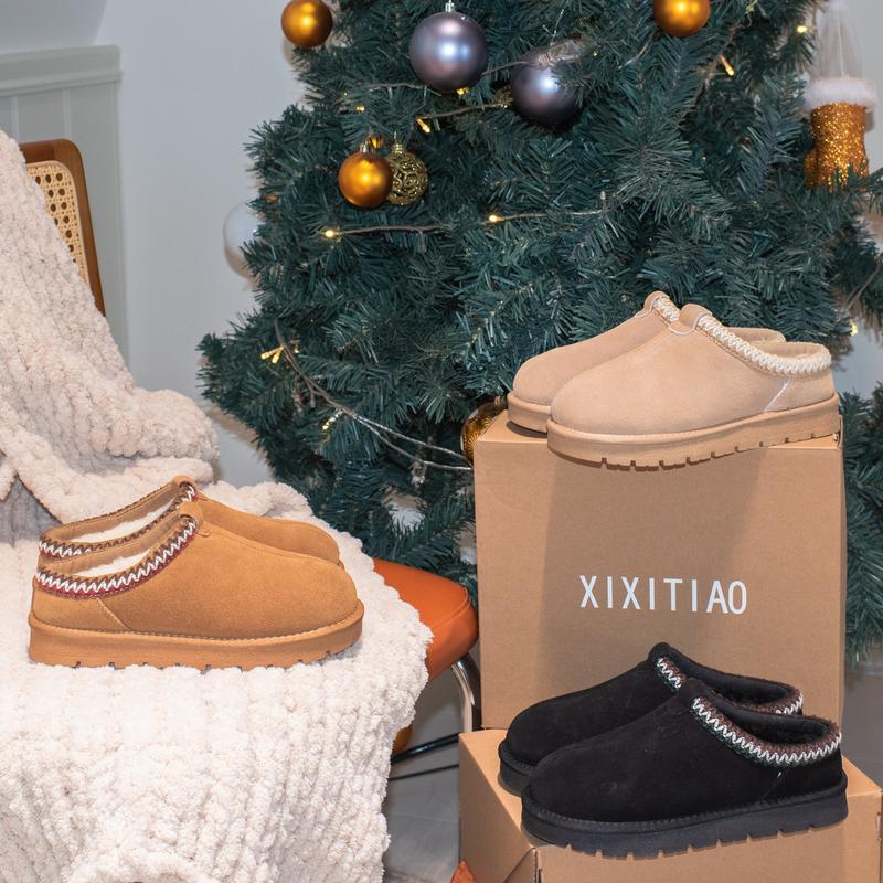 Fuzzy Platform Slip-on Slippers Women Men Suede Leather Ankle Boots for Indoor Outdoor Fall Winter Comfy House Shoes