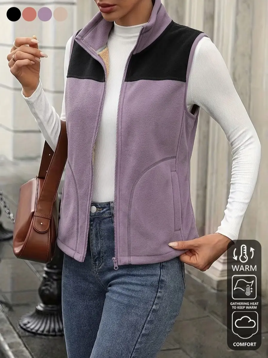 Elegant women’s fleece vest jacket, sleeveless insulated zip-up outerwear—a stylish essential for outdoor enthusiasts with a cold-protection design, classic style, comfortable fabric, and casual wear, suitable for camping, cycling, and other outdoor activ