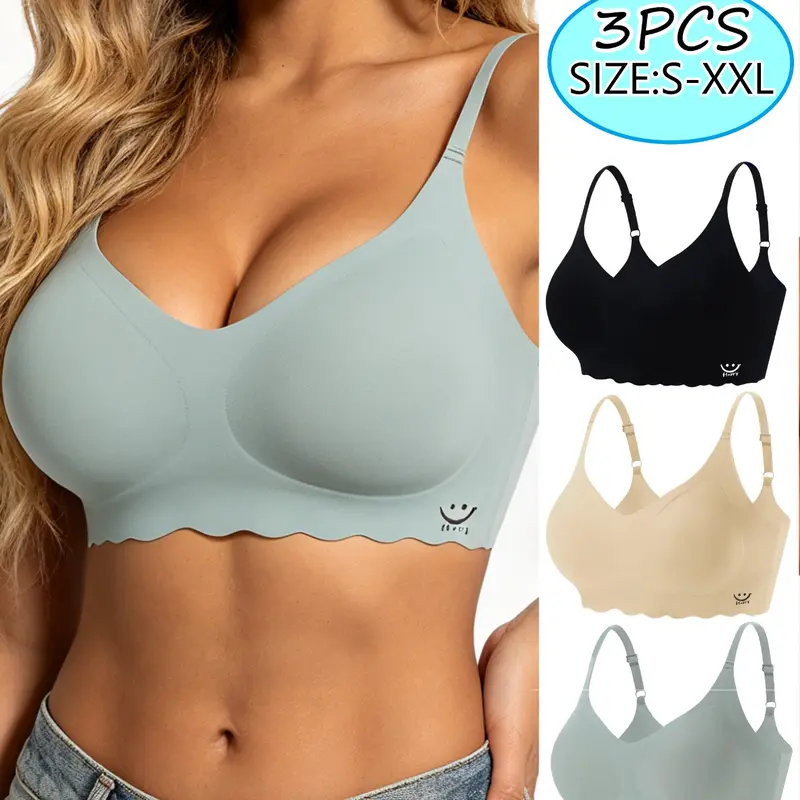 3 Pcs Women's Small Size Seamless Push Up Adjustable Smooth Wireless Medium Supportive Bra for Daily , Home and Sleeping Wear, Comfortable Lined Wire Free Bras