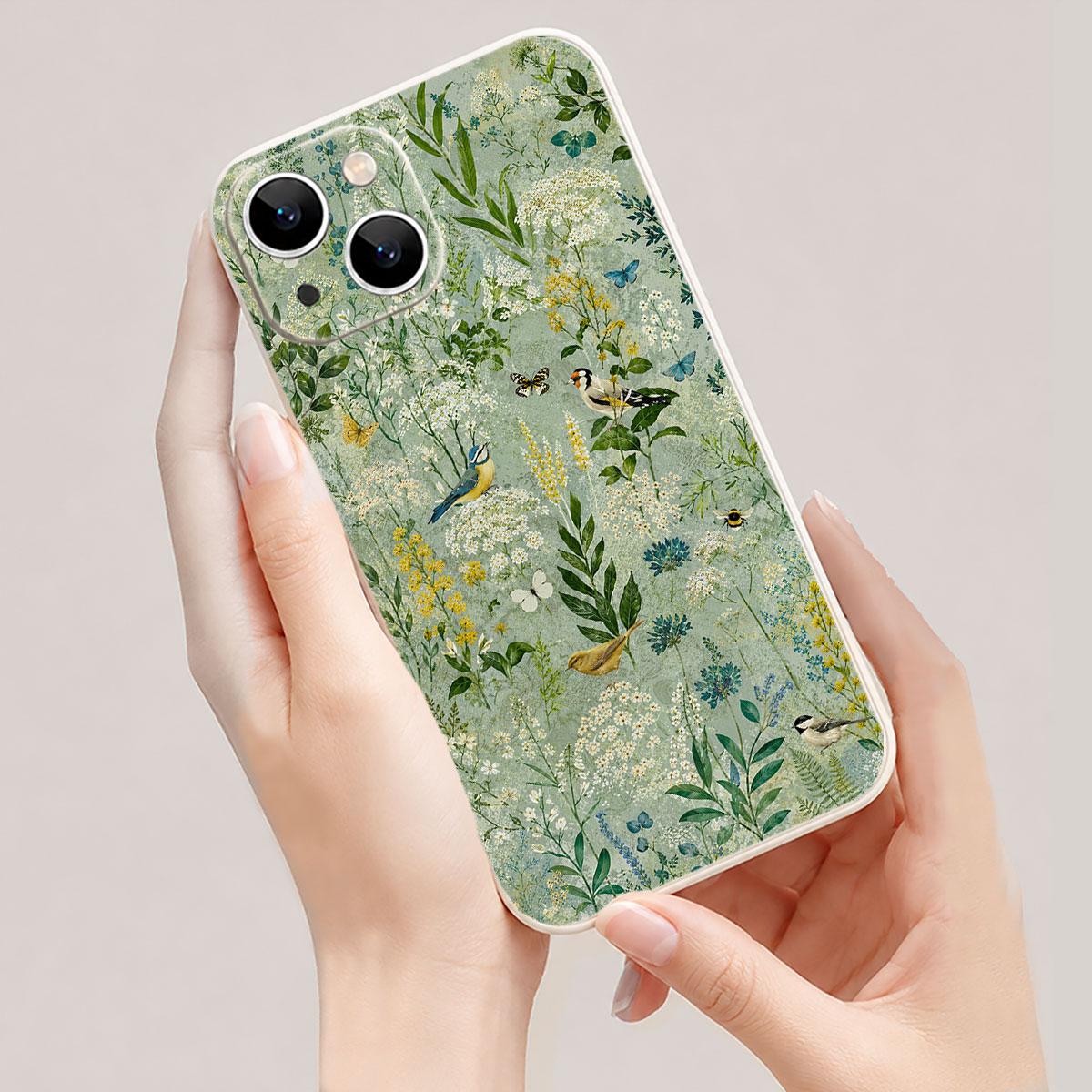 Wildflower Songbird Garden Silicone Shell Phone Case - Botanical Art, Waterproof, Slim Protective Sage Meadow Cover with Bee for iPhone 17/16/15/14/13/12/11/X Plus Pro Max - Bird Lovers Mobile Accessory Gift