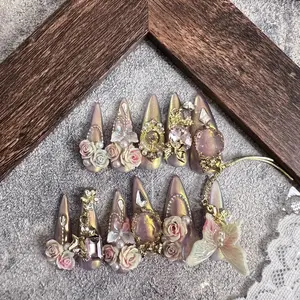 Valentine's Day 11 Nails Colourful Garden Luxury Press On Nail Stiletto Shape with Butterfly