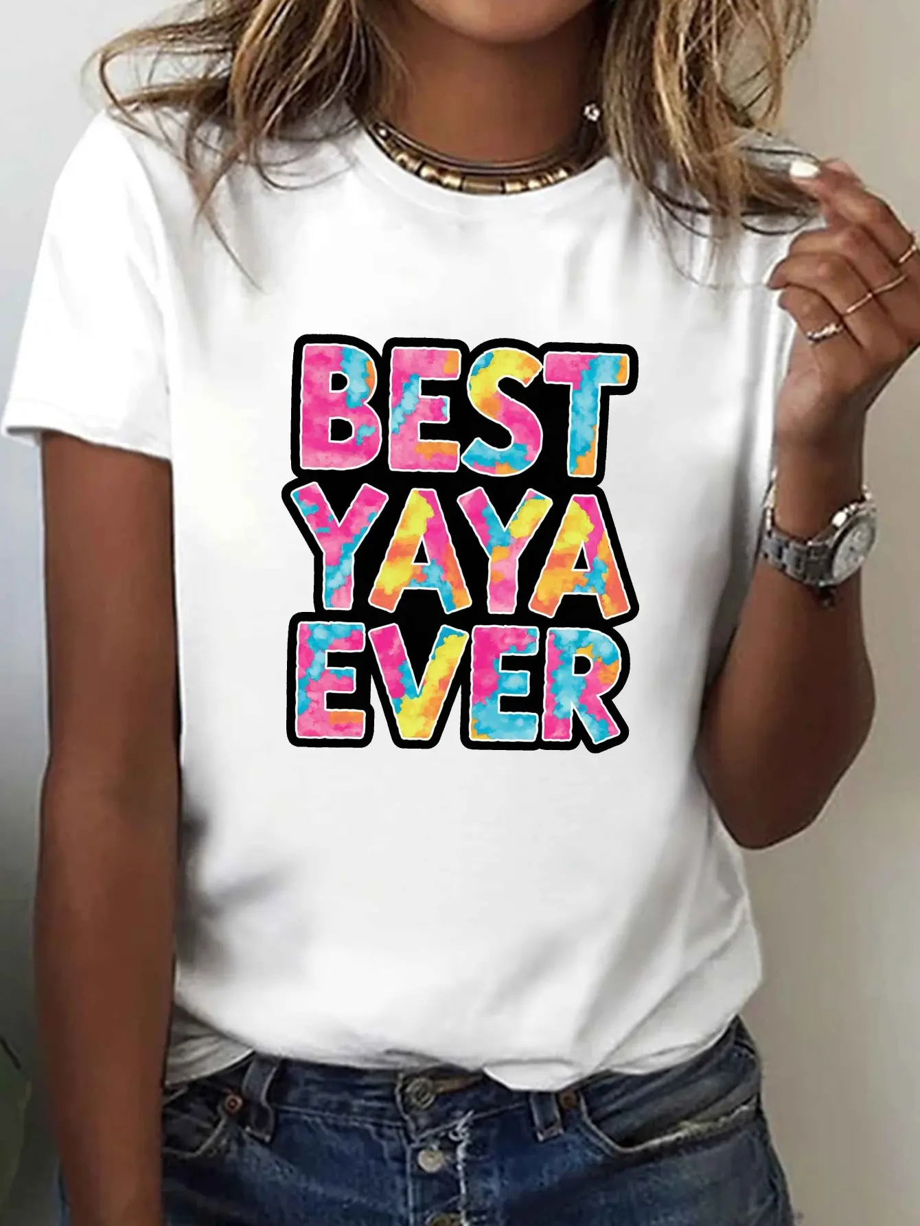 Watercolor Best Yaya Ever Print T-shirt, Short Sle unisex soft cotton short sleeve t shirt, vintage graphic casual tee for men women teens, perfect birthday holiday gift for camping travel gym daily street  wear