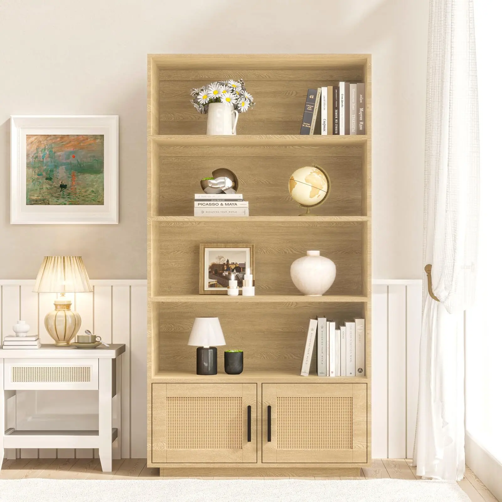 Bohemian 5-Tier Solid Wood Bookcase with Woven Rattan Doors - Tall Storage Shelf for Living Room, Bedroom & Home Office