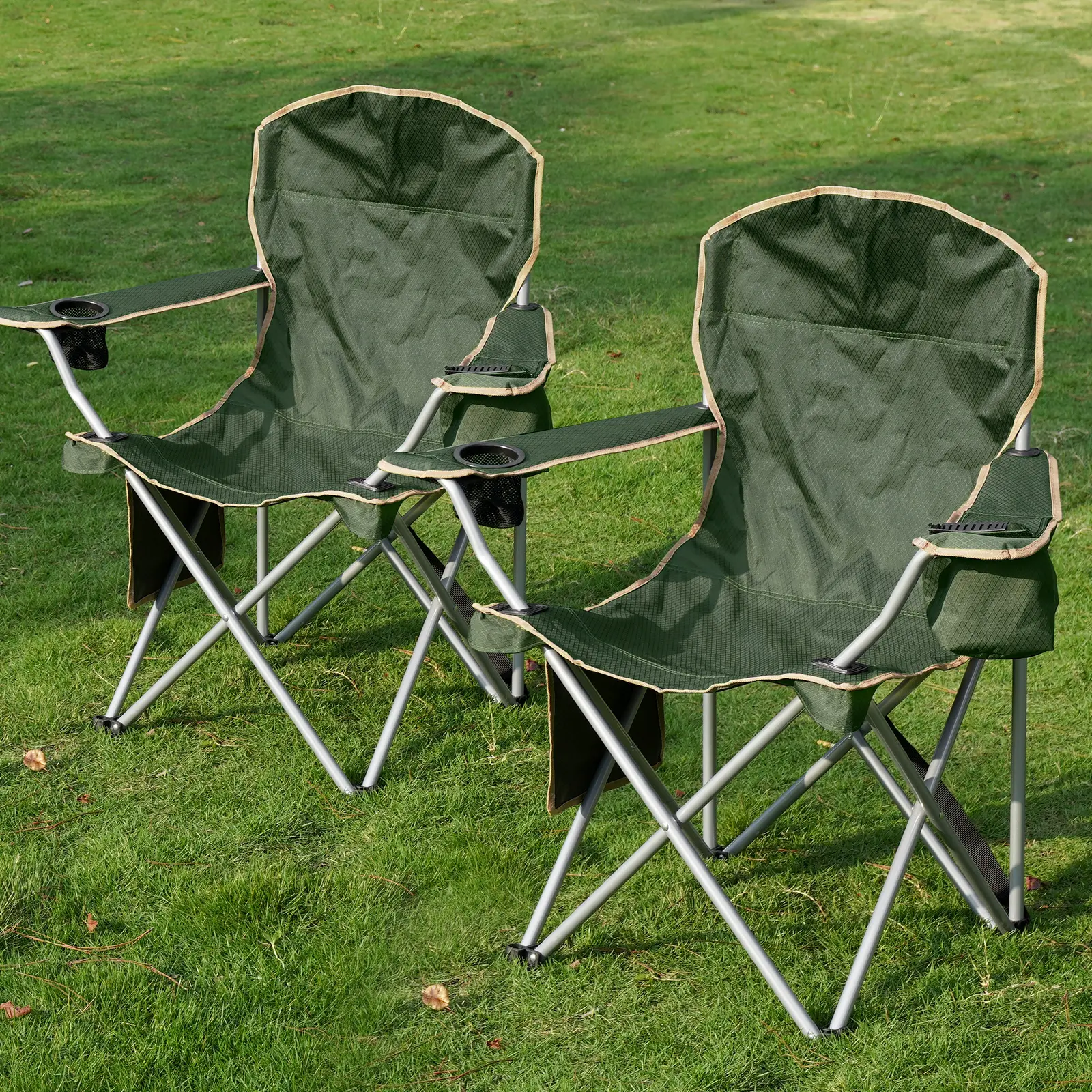 Extra Wide Foldable Folding Camping Chair for Adults - 600D Oxford Fabric Foldable Seat, Built-In Cooler Pouch, Cup Holder, Oversized Side Bag, Carry Straps, Backrest, Portable for Beach, Fishing, Outdoor Events