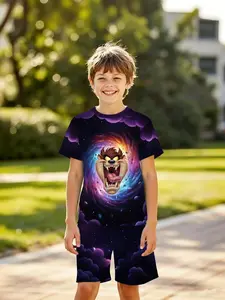 Boys' 3D Short Sleeve Set, Tasmanian Devil Universe Swirl Print, Casual Two-Piece, Outdoor Wear, Holiday Gift, Birthday Present