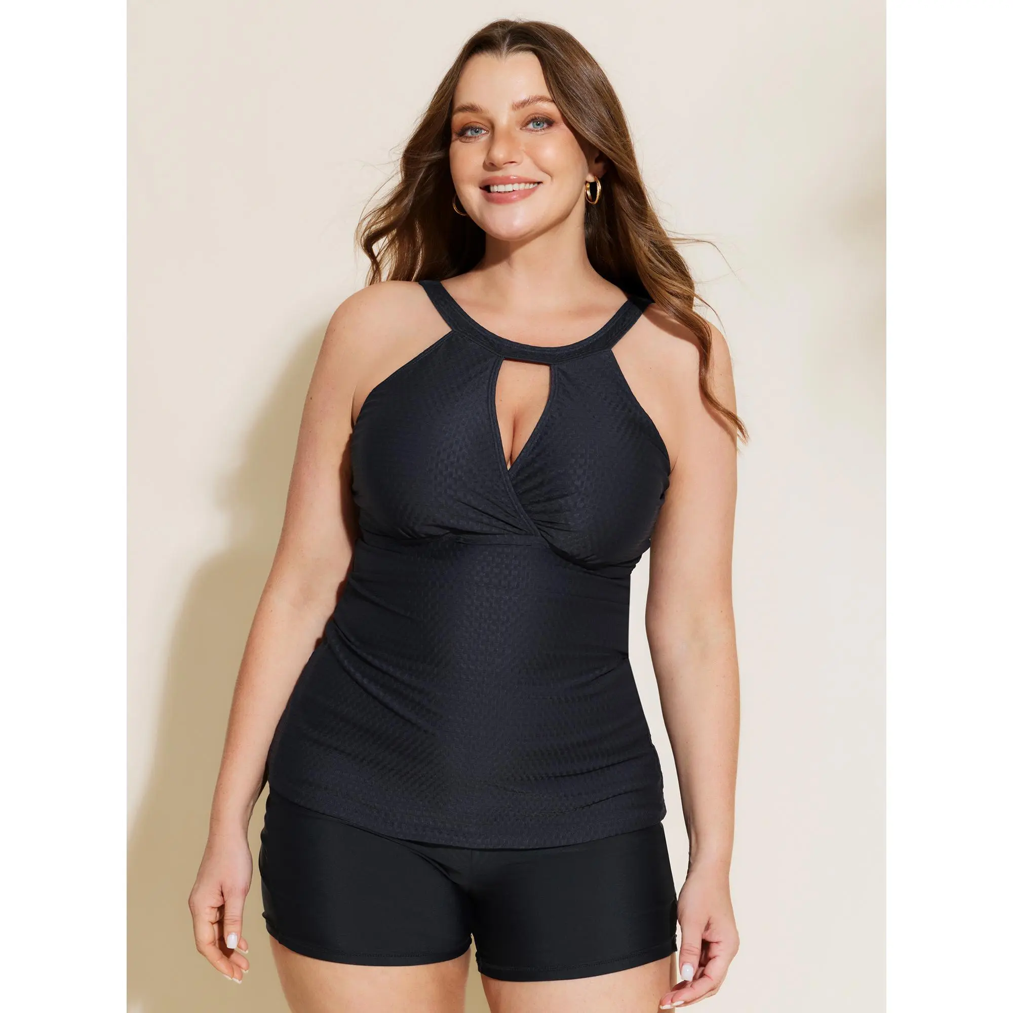 BLOOMCHIC Plus Size Cut Out Ruched Textured Swim Top - Plus Sized Bathing Suits for Women,M-6X Sizes,2026 Summer Swimweek Tankini ,Summerfinds
