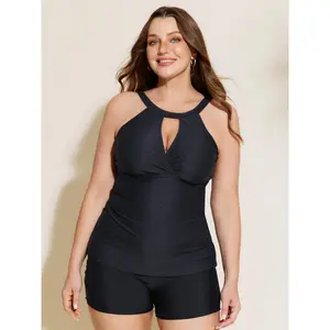 BLOOMCHIC Plus Size Cut Out Ruched Textured Swim Top - Plus Sized Bathing Suits for Women, M-6X Sizes, 2026 Summer Swimweek Tankini,Spotlight,Summer wins,Deals for you days