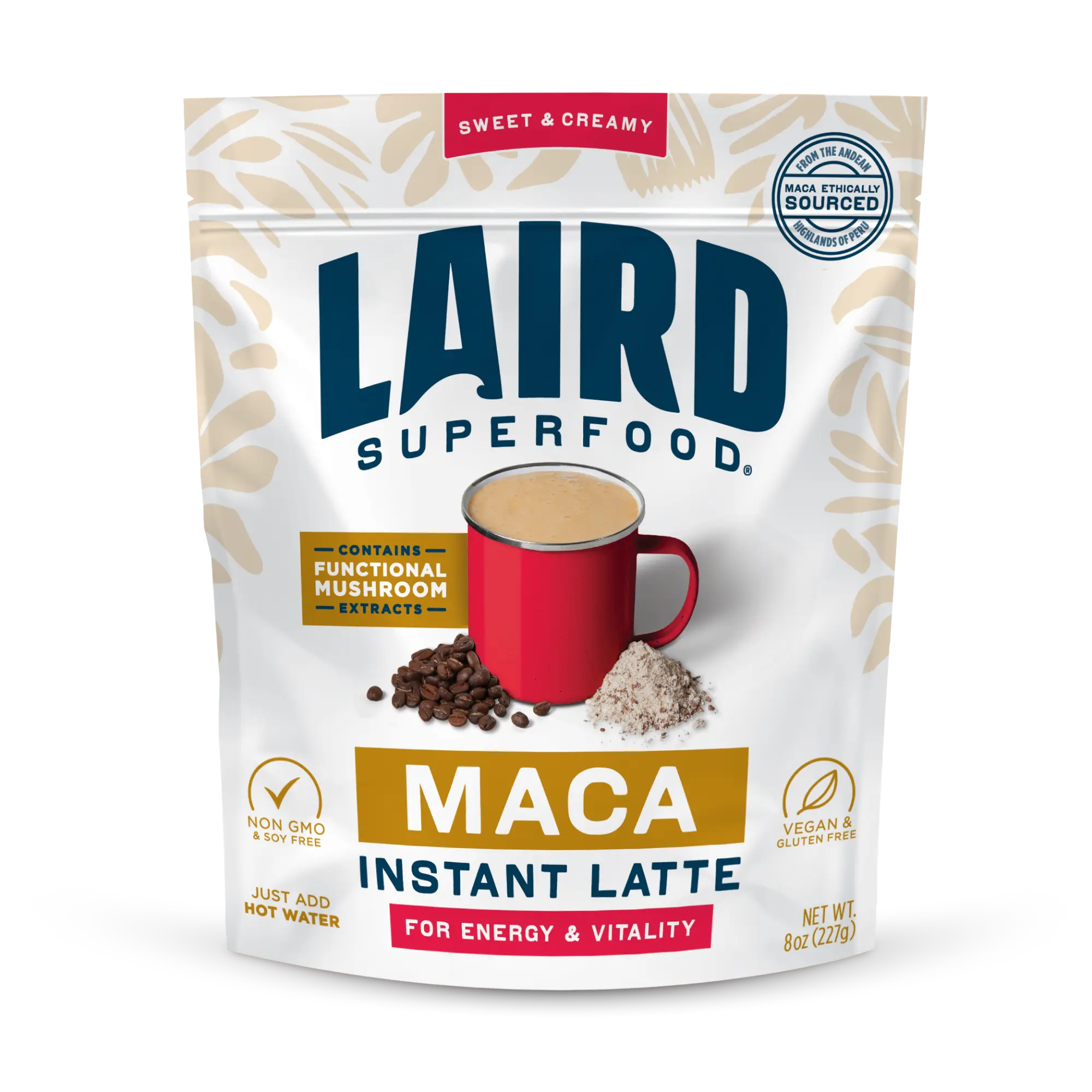 Laird Superfood Maca Instant Latte with MCTs & Performance Mushroom Blend for Energy & Vitality 8oz
