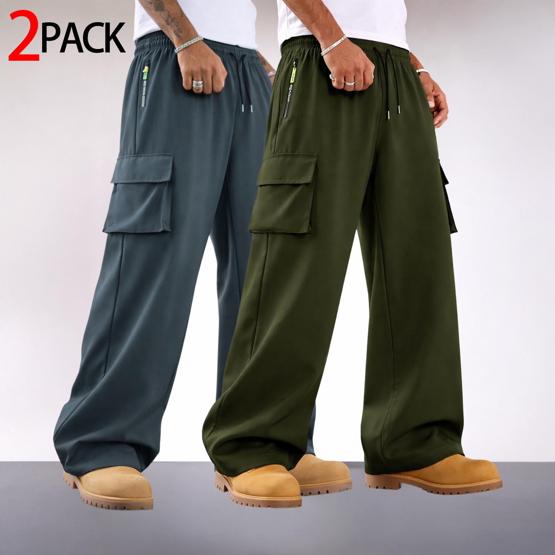2 Pack Mens Cargo Pants Wide Leg Drawstring Multi Pocket Streetwear Utility Trousers Loose with Zipper Pocket and Large Flap Cargo Pockets for Casual Commuter Outdoor Wear and Relaxed Daily Outfits