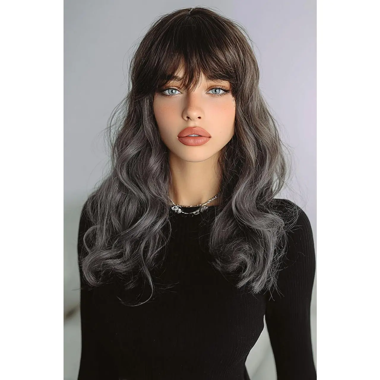 Natural Looking Ombre Wavy Synthetic Wig - Long Black to Silver Gray, Full Machine-Made Full Volume Fashion Accessory for Hair Extension Needs, Natural Looking Wigs, Ombre Wavy Wigs