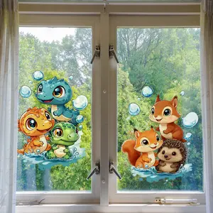 A set (30*40cm*2pcs) fox & hedgehog playing by the water design static cling sticker for window and home beautification and decoration