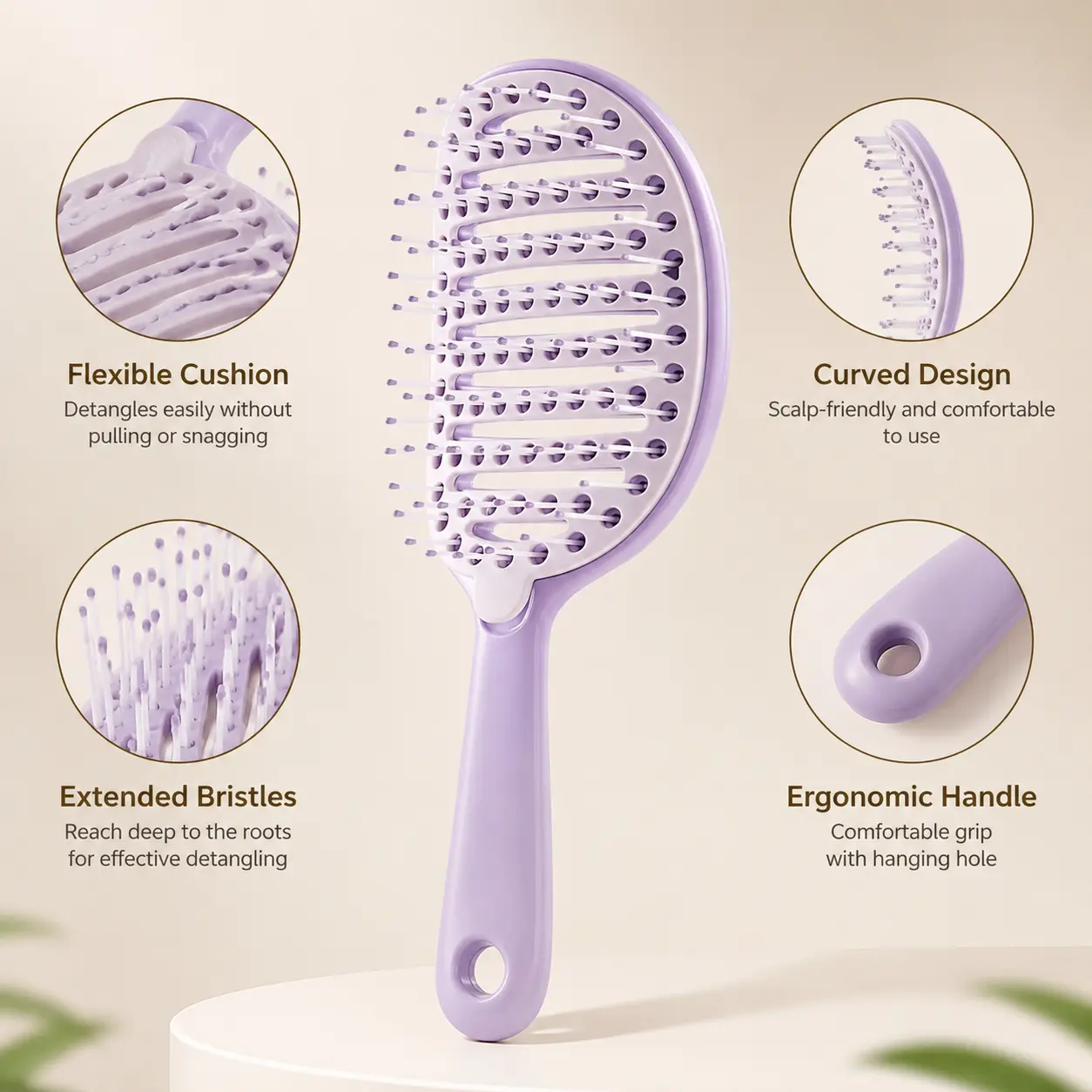 1 Count Self-Cleaning Hair Comb, Double Curved Design Removable Soft Pad Hanging Hole for Daily Household Hair Detangling