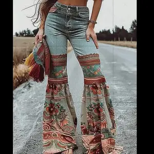 Flared Pants Floral Printed High-Waisted Pockets Jean Pants Bottoms