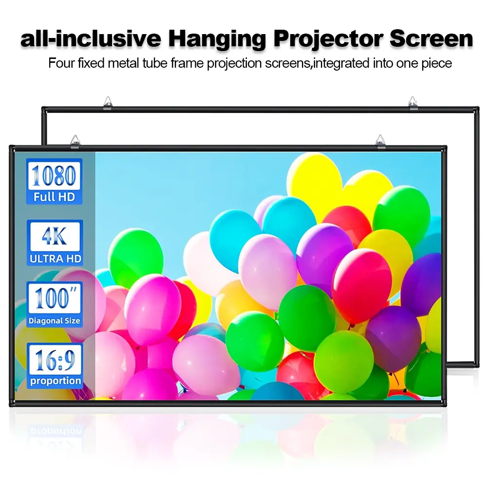 Portable folding projector screen full metal frame support no sagging, home theater outdoor movie business meeting one-pull setup, 4K wrinkle-free no-drill wall mount renters friendly projector screen