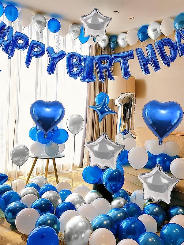 Blue Birthday Party Decorations Set – Blue Happy Birthday Balloon Banner, Latex & Heart Foil Balloons, Elegant Blue Theme Birthday Decor for Men & Women