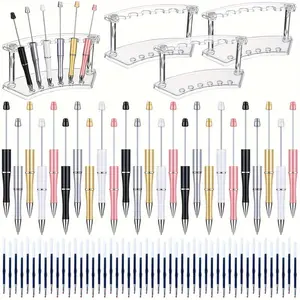25 Set Ballpoint Pen Set with 3 Plastic Pen Holders 50 Refills Clear Student Display Rack for Office Gifts