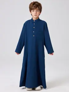 Boys' Solid Color Long Sleeve Arabic Robe, Casual Comfy Loose Muslim Clothing for Daily Wear, Kids Clothes for All Seasons