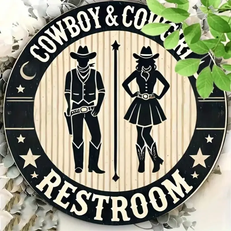 Aluminum Western Cowboy Restroom Sign 1pc 8x8 Inch 2D Flat Round Black White Decor Decorative Wall Sign Bathroom Decorations for Home Bar Cafe Wall Signage
