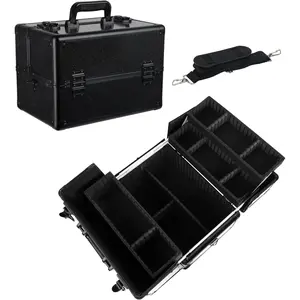 Large Makeup Train Case Cosmetic Organizer Case Makeup Box Make Up Artist Travel Case with 4 Trays with Dividers Lockable Hard Train Case Nail Tech Supply - Black