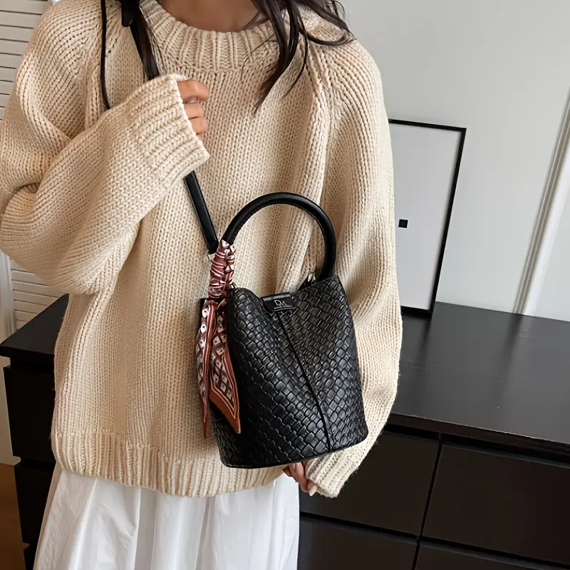 Women's woven bucket bag and crossbody bag - gold hardware, zipper closure, detachable strap - beige/green/black - elegant handbag for daily, travel, and formal occasions - durable wiping and cleaning materials tote real luxury designer