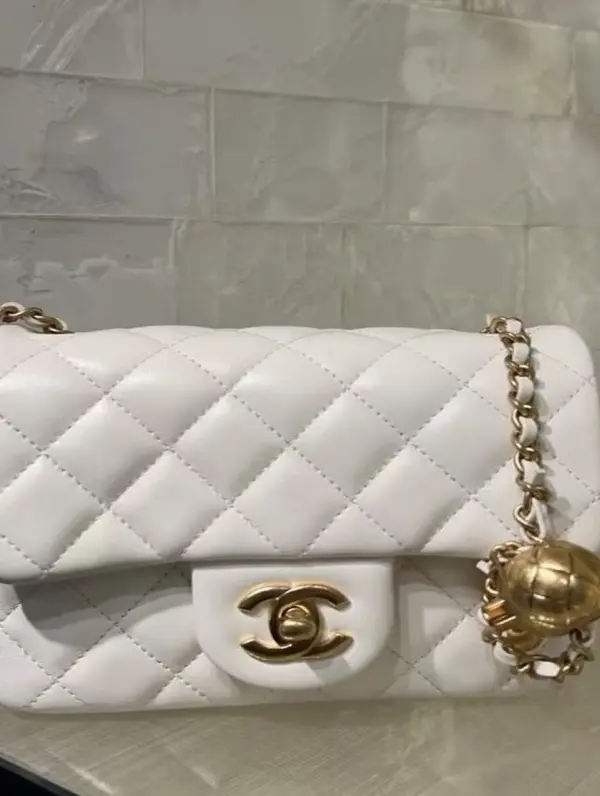 ‮ LENAHC  ‬Classic Flap Quilted Lambskin Leather White Gold‑Ball Adjustable Chain Women Crossbody Shoulder Handbag