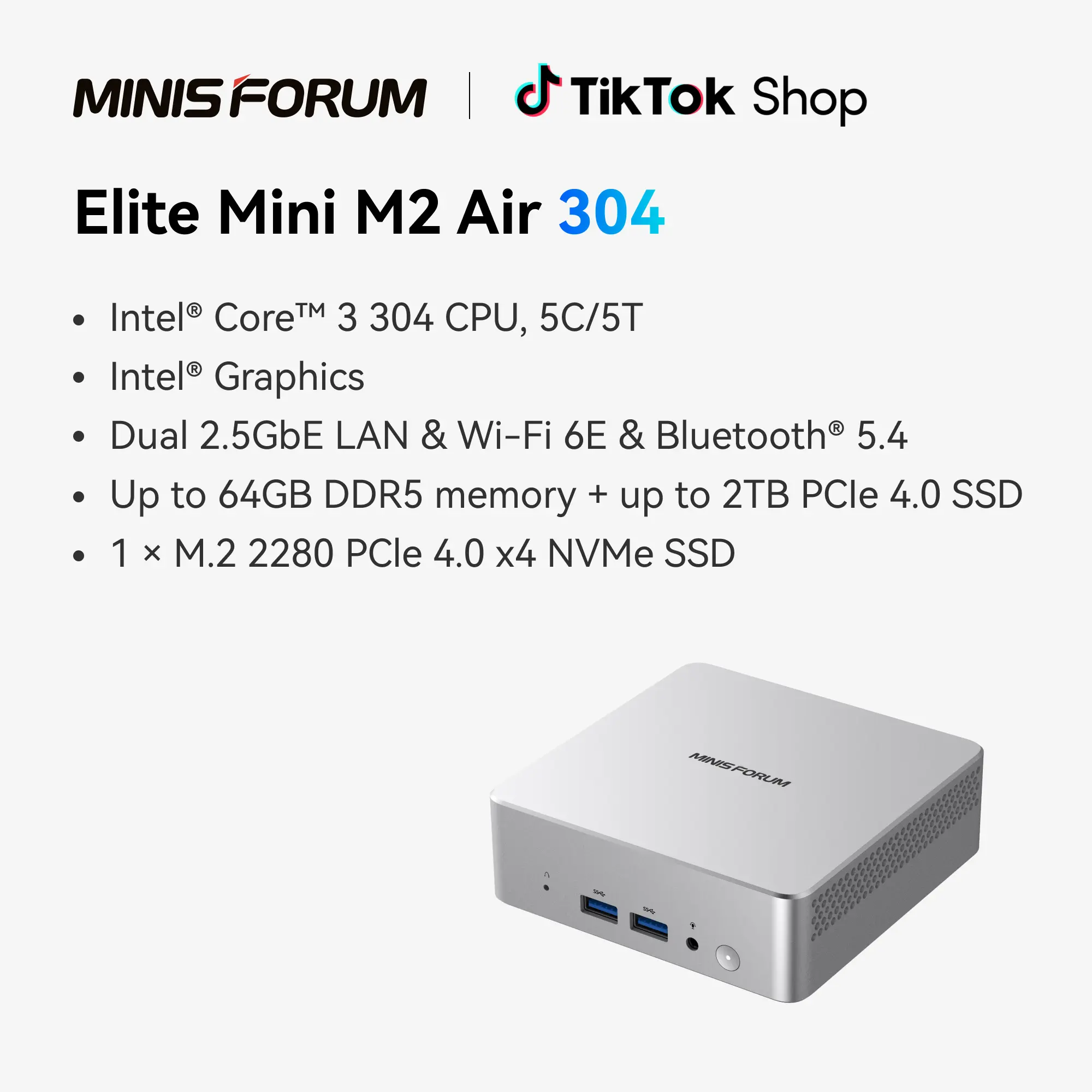 MINISFORUM Elite Mini M2 Air-304 Barebone Desktop Computer, Intel Core i3-304 (5C/5T), DDR5 RAM, M.2 SSD, Multi-HDMI Ports, DP, USB4 4K Video Output, 2.5G LAN, Wi-Fi 6e/BT5.4, Intel Graphics, Desktop Computers