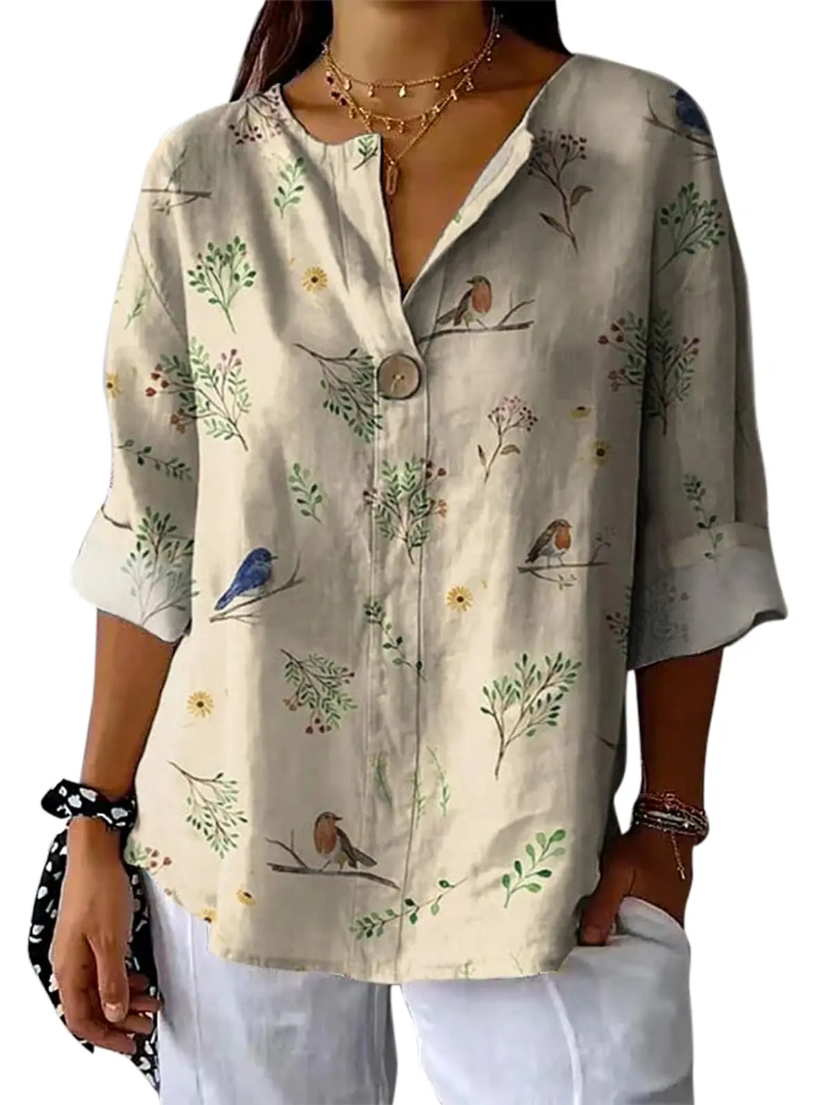 FA-Qurance Womens Tunic Top Loose Fit Floral Printed Silky-Soft 3/4 Sleeve Pullover Blouse for Summer Daily Wear Elegant M-XXL