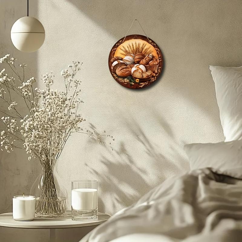 Round Wooden Hanging Decor, Bread & Wheat Pattern Hanging Swag, Wall Art Decor for Home Kitchen Coffee Shop Office, Hangable